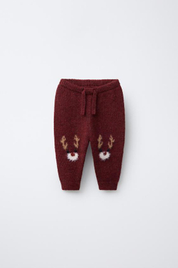 ZARA ТРИКОТАЖНЫЕ БРЮКИ-ДЖОГГЕРЫ С ОЛЕНЕМ, БУРГУНДИ