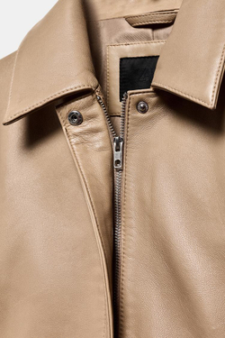 ZARA БЛЕЙЗЕР ОБЛЕГАЮЩЕГО КРОЯ ИЗ 100% КОЖИ, КАМЕННО-СЕРЫЙ