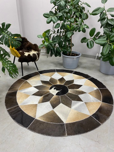 Ковер круглый натуральный на пол / Телячья шкура / 200 см