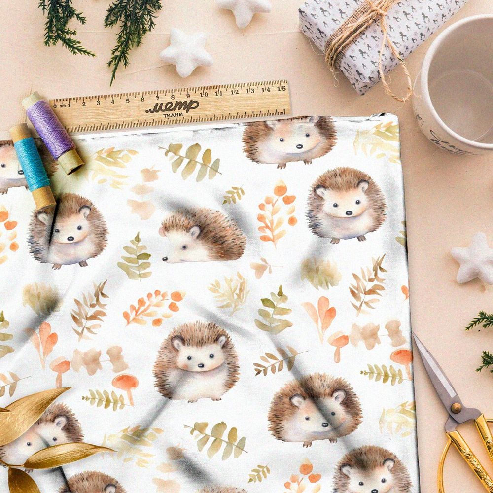 Ткань премиум габардин акварельные ёжики