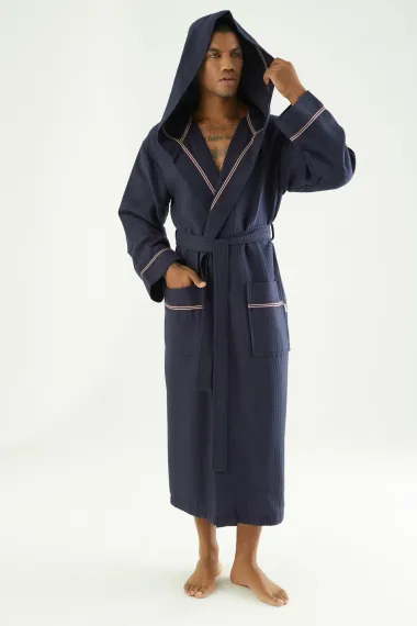 Вафельный мужской халат с капюшоном 24680 синий NUSA
