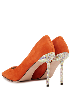 Женские туфли замшевые рыжие на каблуке со стразами