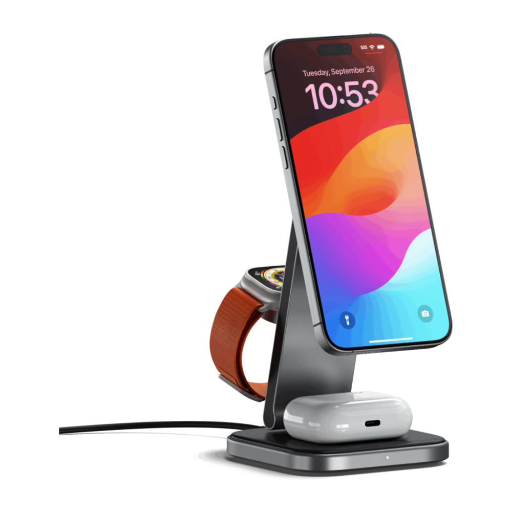Складная зарядная станция MagSafe Satechi для iPhone, Apple Watch и AirPods (Qi2) (ST-Q31FM-EA) Беспроводная зарядка: Qi 15 Вт, Qi 5 Вт, магнитное крепление для быстрой зарядки Apple Watch (Qi 5 Вт). Проводная зарядка: нет. Сертификации MFi и Qi2. Есть LE