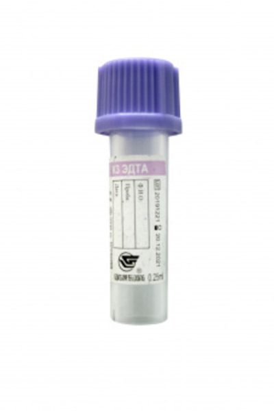 Микропробирка для забора крови с крышкой, наклейкой (ЭДТА К3), объем пробирки 0,5 мл. Объем забираемой крови 0,25 мл.