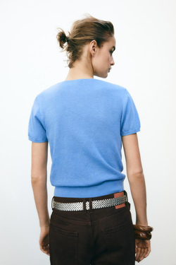 ZARA ОДНОТОННЫЙ ТОП С КОРОТКИМИ РУКАВАМИ, СИНИЙ