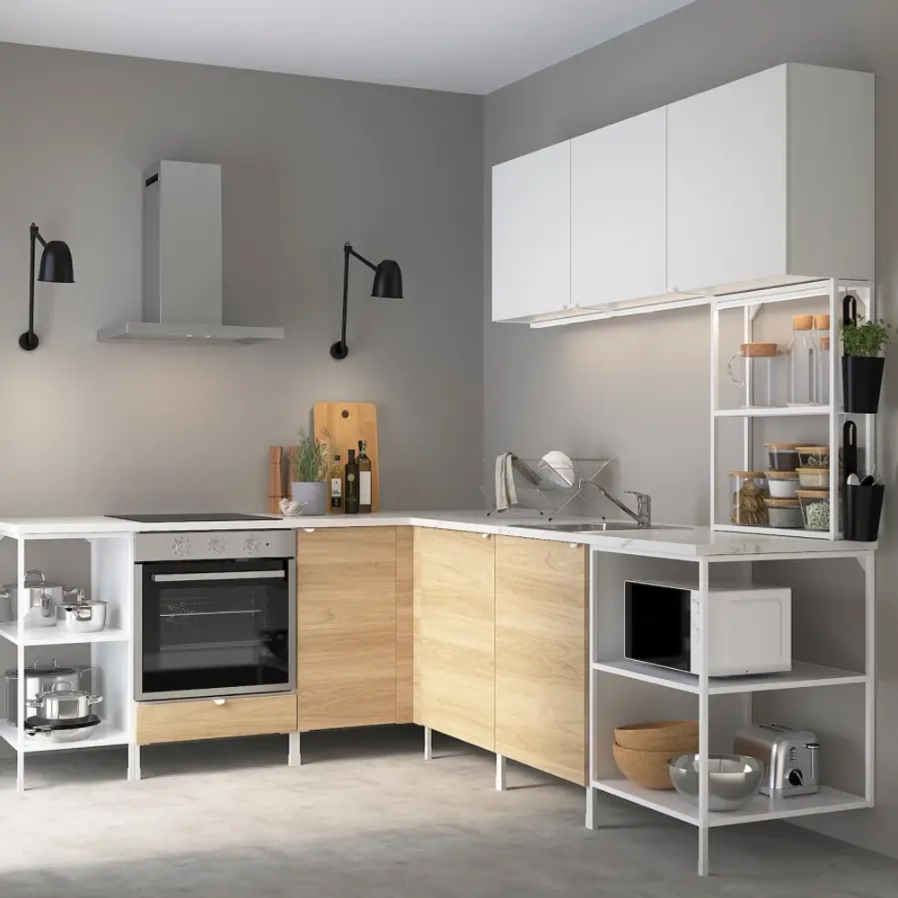 Угловой кухонный гарнитур - IKEA ENHET, 210.5х248.5х75 см, белый/имитация дуба, ЭНХЕТ ИКЕА
