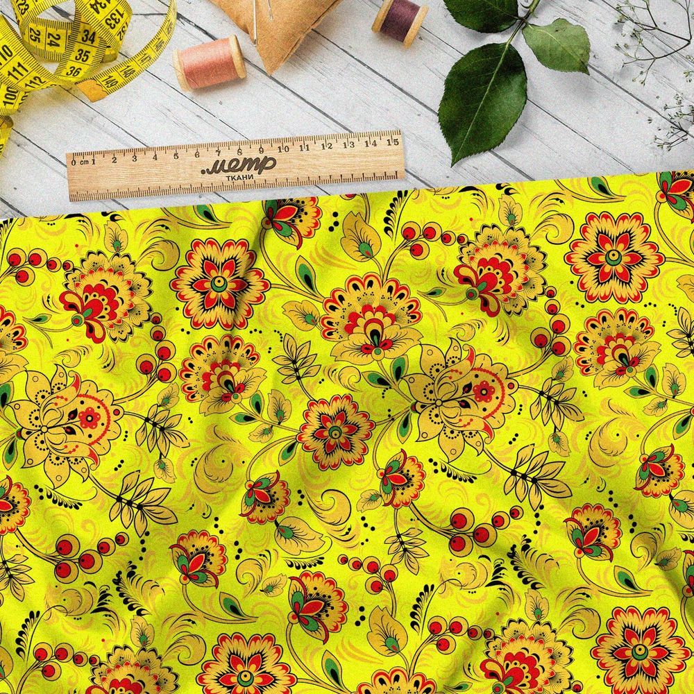 Ткань оксфорд 600 хохломские узоры на жёлтом