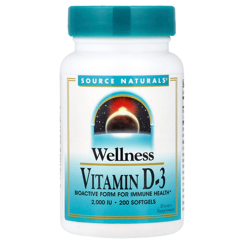 Source Naturals, Wellness, витамин D3, 50 мкг (2000 МЕ), 200 мягких таблеток