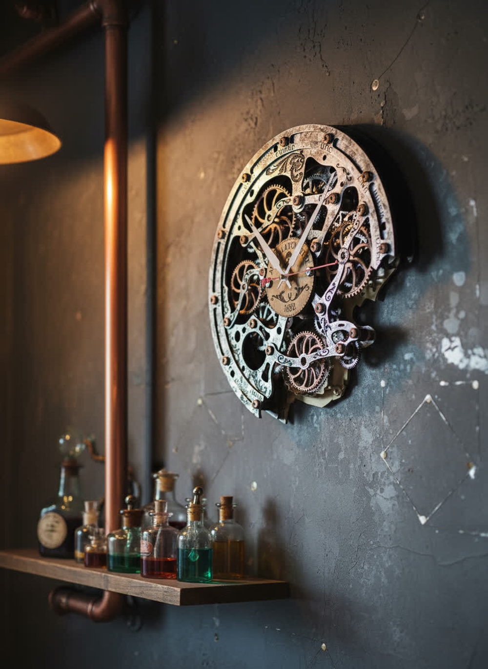 Авторские настенные часы с вращающимися шестерёнками, вид сбоку — текстура металла и отражение света создают объём.