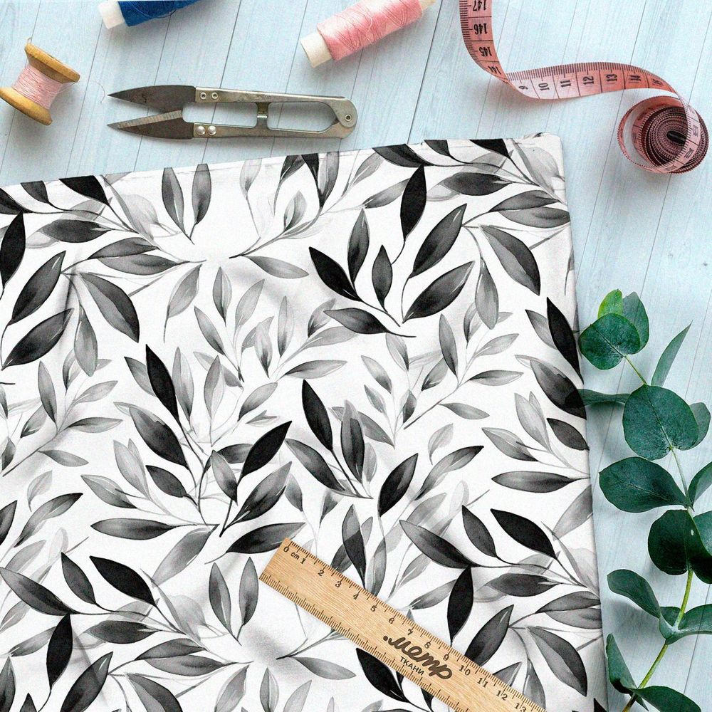 Ткань премиум интерлок серые листочки на белом