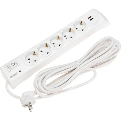 Kranz (13-4701) Фильтр сетевой 5 гнезд, 5м, 3х1,5мм?, с автовыкл, 2 USB, белый