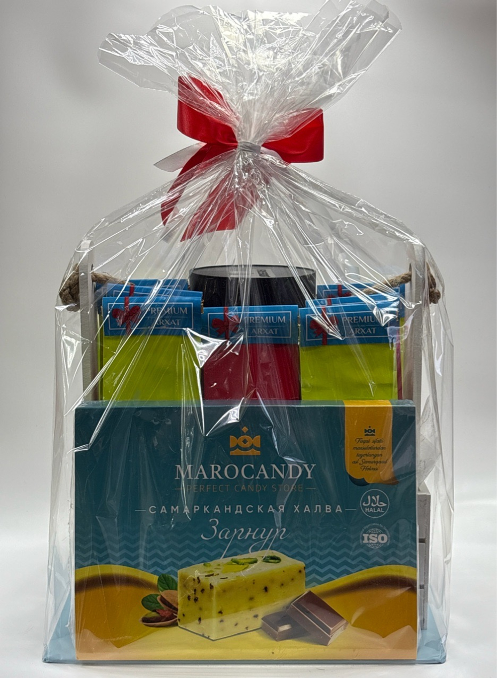 Подарочный набор 140226 арт! ящик бел.средн с 23 февраля!самаркандская халва 500гр\чай архат 350гр\кофе фреско 190гр\шоколад с 23 февраля.