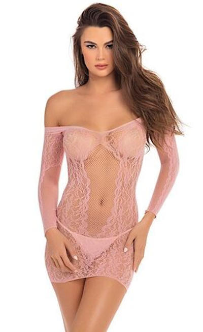 Пикантное короткое платье с длинным рукавом и отрытыми плечами (Размер: S-M) (Цвет: нежно-розовый)