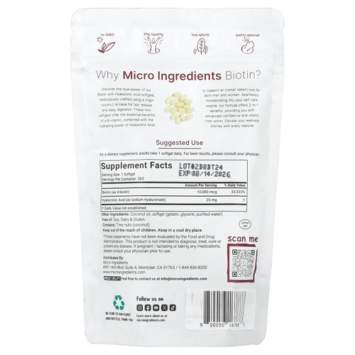 Micro Ingredients, Биотин с гиалуроновой кислотой, 365 мягких таблеток