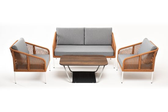 "Канны" лаунж-зона 4-местная из роупа со столом "Глория" цвет "дуб", каркас алюминиевый белый, роуп оранжевый меланж