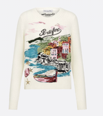 Женский свитер Dior Souvenir Embroidered Sweater из белого кашемира 100% с многоцветной вышивкой «Portofino» — весна‑лето 2025