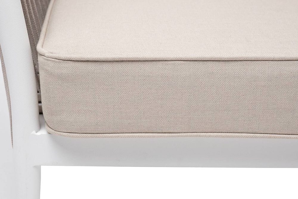 "Касабланка" диван 2-местный плетеный из роупа, каркас алюминий белый муар, роуп бежевый 20мм, ткань бежевая 15052