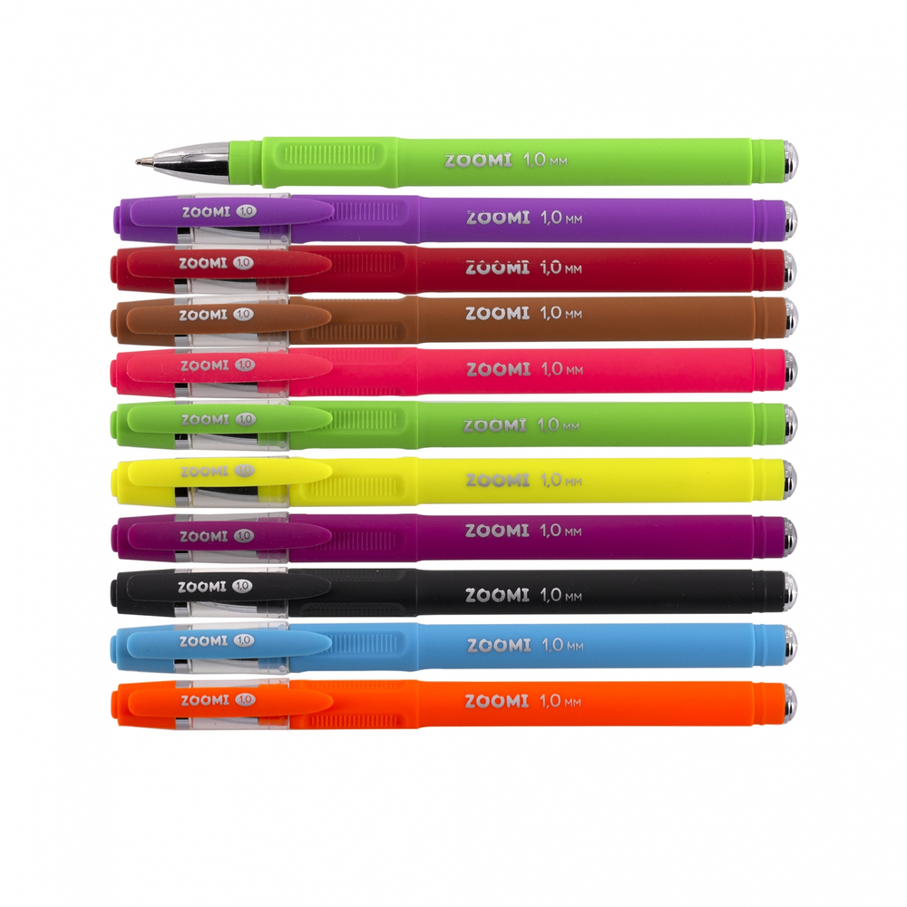 Набор шариковых ручек Zoomi, 10 цветов, 1.0 мм , на масляной основе, круглый, цветной корпус покрытие soft touch, ПВХ чехол, европодвес