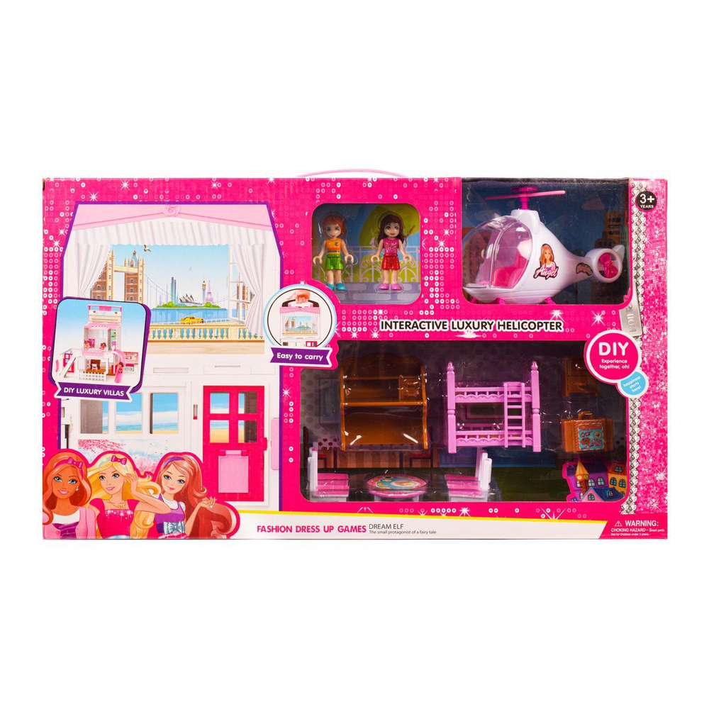 Домик для кукол с вертолетом, мебелью и куклами в комплекте, 49*12,6*29м, собирается в чемодан с ручкой