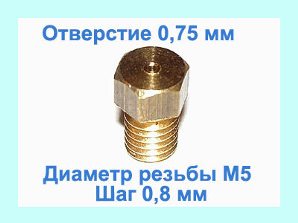 Жиклер диаметром резьбы М 5 с шагом 0,8 мм с отверстием 0,75 мм