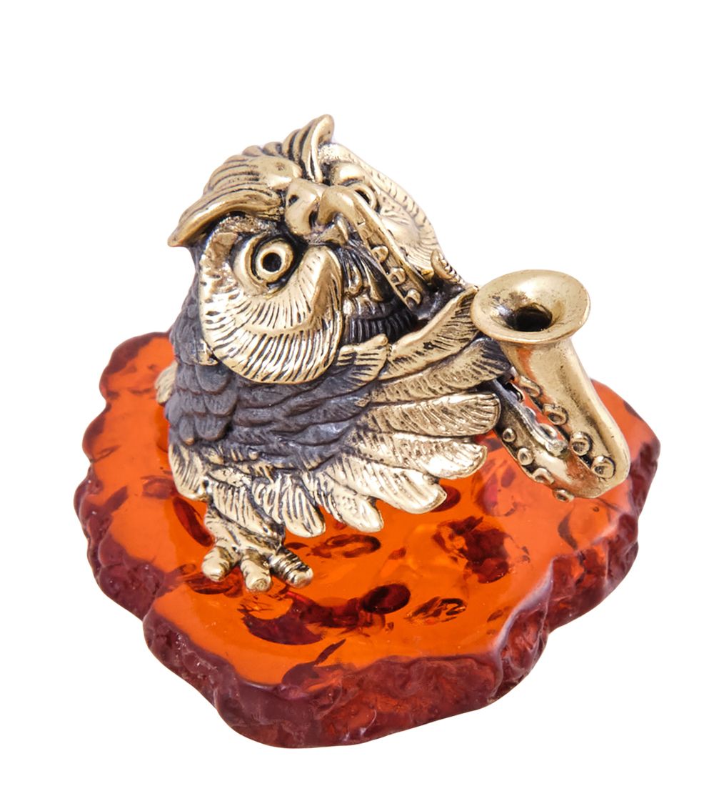 Народные промыслы AM- 651 Фигурка «Сова с саксофоном» (латунь, янтарь)