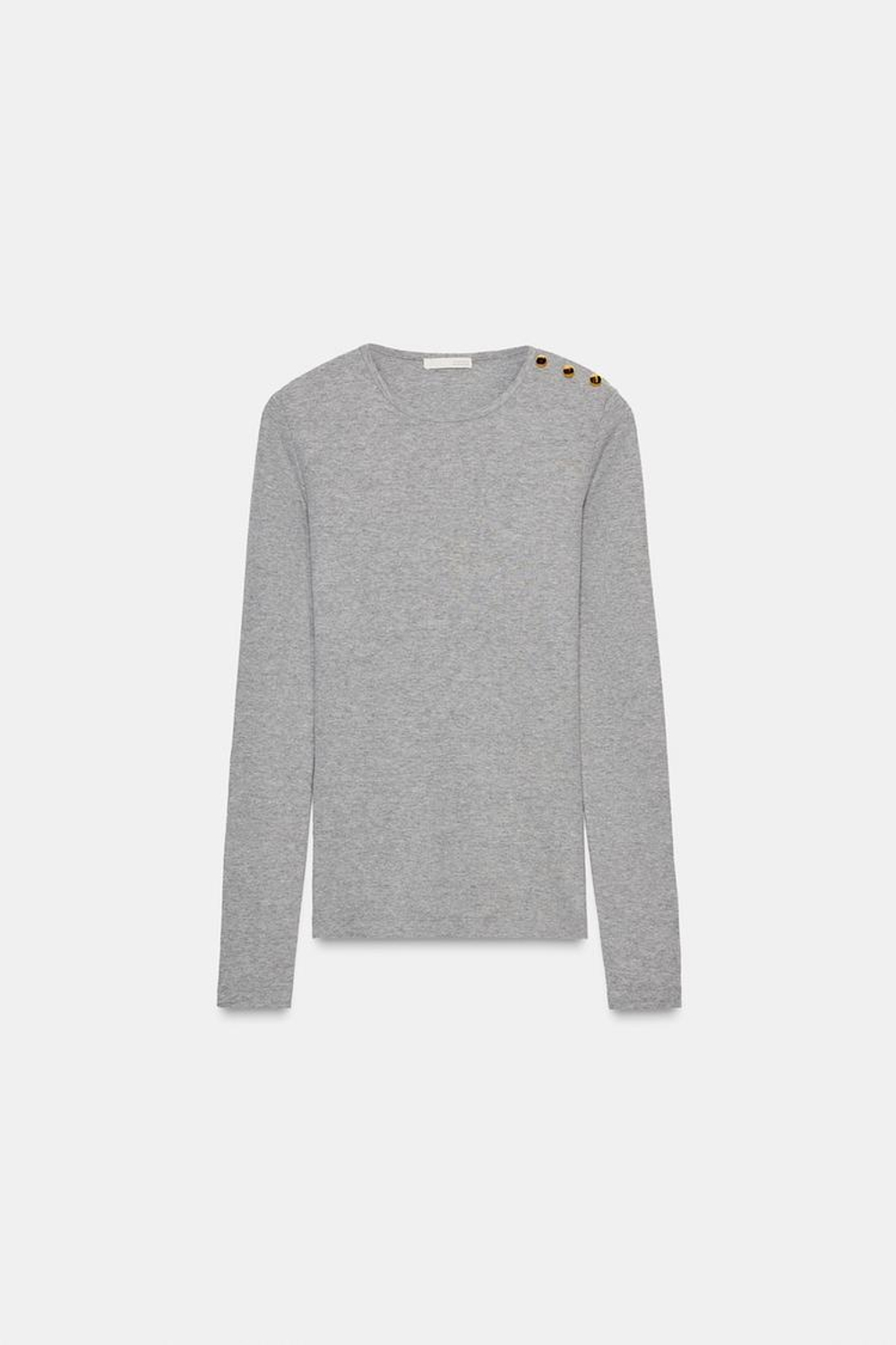 ZARA ФУТБОЛКА В РУБЧИК С ПУГОВИЦАМИ, СЕРЫЙ МЕЛАНЖ