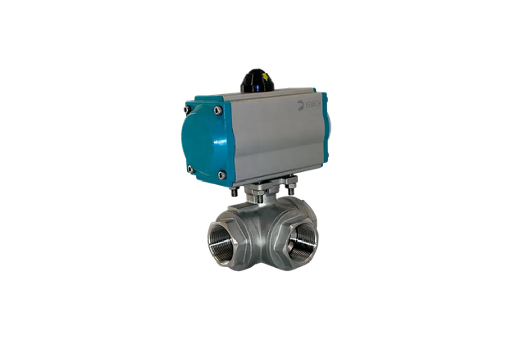 Кран шаровый трёхходовой T-тип, AISI304 DN40 (1_1/2"), с двухсторонним пневмоприводом AT75D