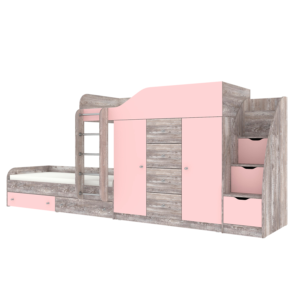 Кровать двухъярусная КарИВи Астра 6 с лестницей Комод КарИВиом Бетон Розовый