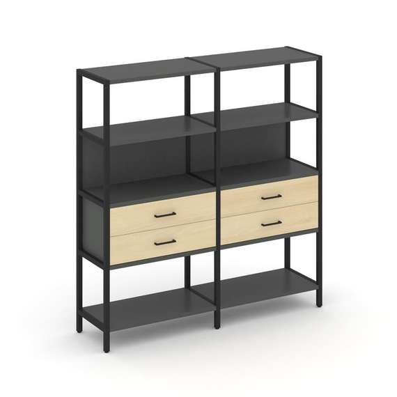 Shelf System Двухсекционный стеллаж четырехярусный с ящиками SN.STM-422 Антрацит/Акация Лорка/Металл