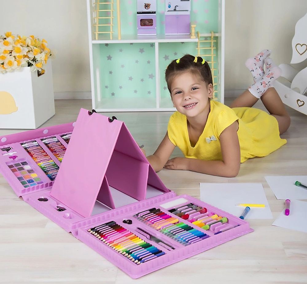 Набор для рисования "Чемоданчик юного художника", 208 предметов: карандаши, кисти, краски, фломастеры. с мольбертом, розовый