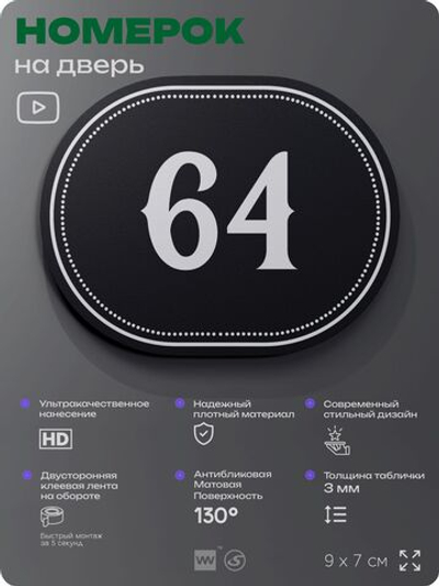 Номерок на дверь квартиры 64, для кабинета, офиса, шильдик 9 х 7 см, черный, Айдентика Технолоджи
