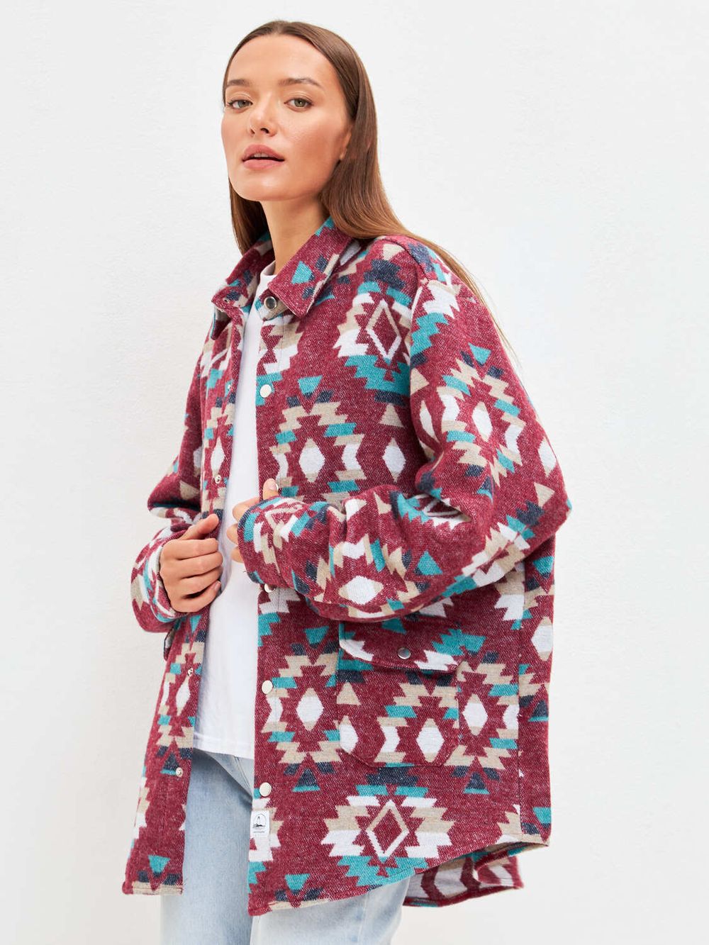 Рубашка Kefirmaykifer оверсайз Этно вишнево-бирюзовая