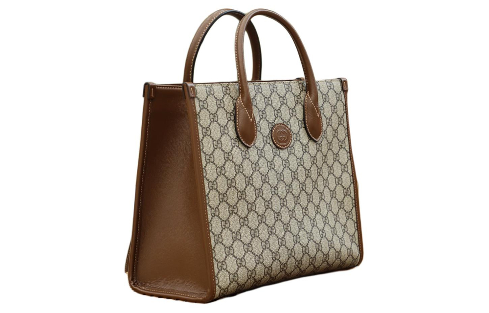 GUCCI Canvas With Leather Tote Shopping Bag, Shoulder Bag, Crossbody Bag, Handbag Small Unisex Ebony/Brown