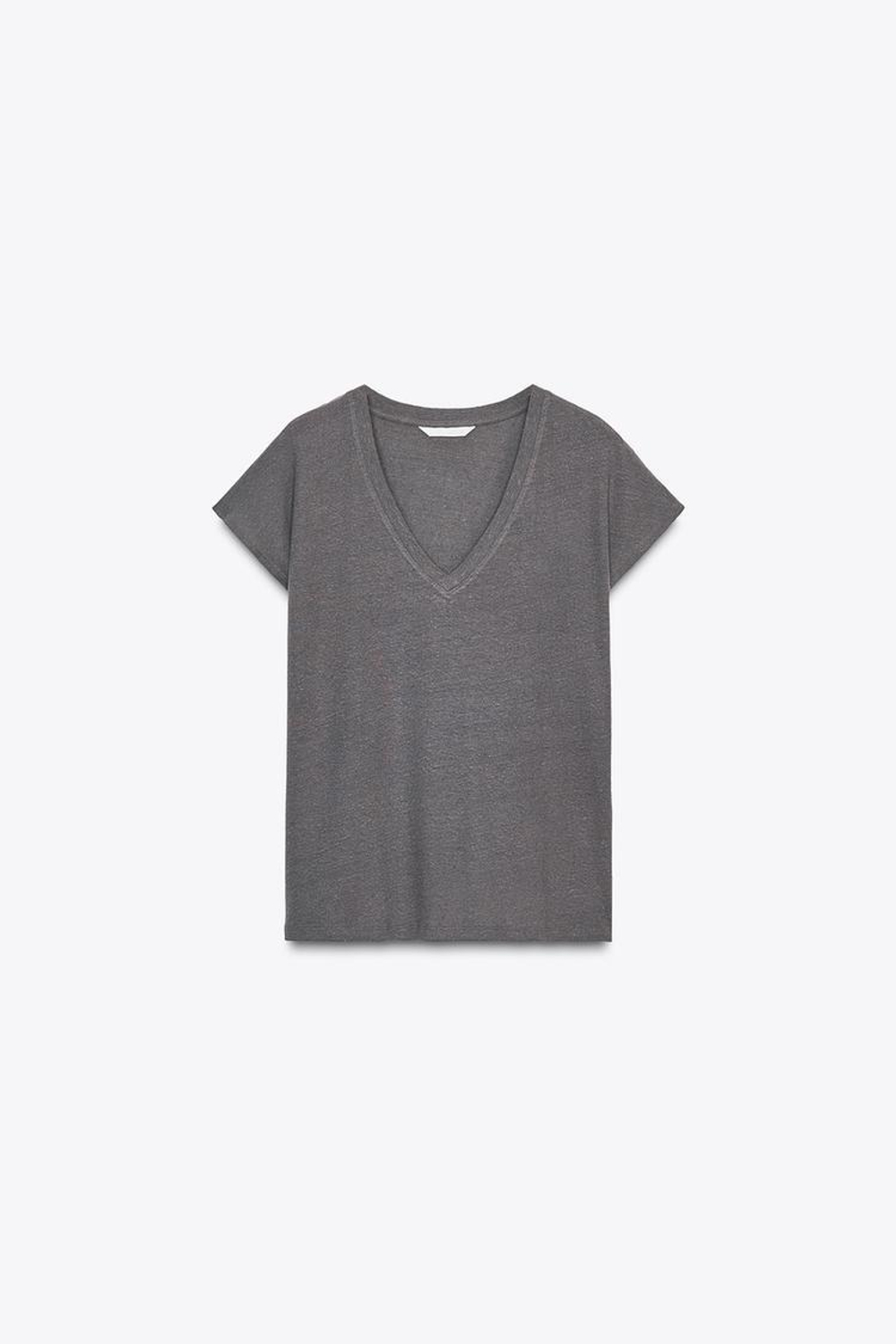 ZARA ФУТБОЛКА ИЗ ХЛОПКА И ЛЬНА, УГОЛЬНЫЙ