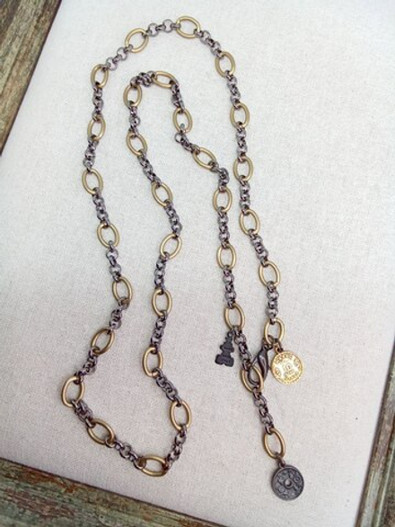 Цепь-трансформер из глянцевых и матовых колечек биколор: графит и матовое золото антик