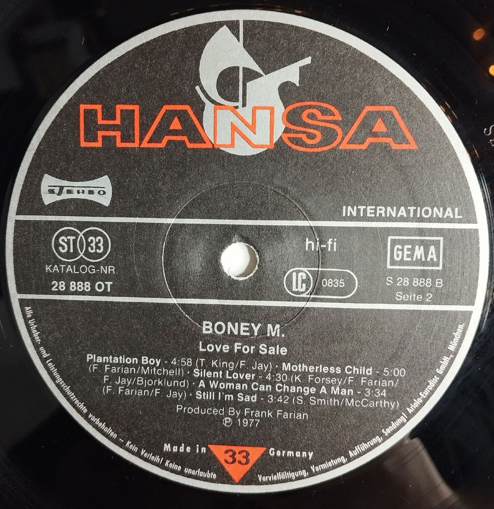 Винтажная виниловая пластинка LP Boney M Love For Sa Le (Germany 1977) Belfast