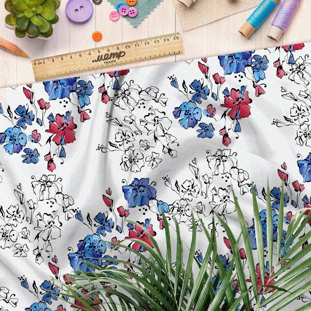 Ткань поплин полевые цветочки с контурами