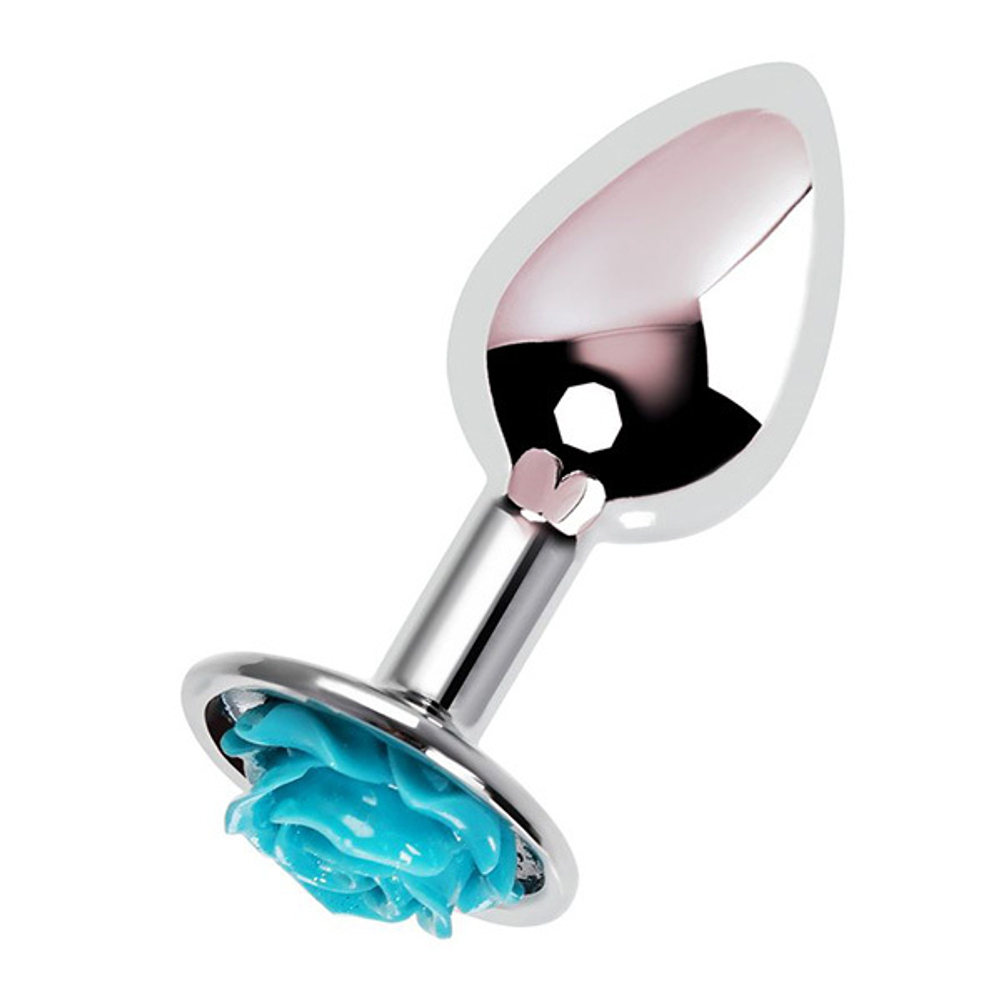 Серебристая анальная втулка с голубой розочкой 8см ToyFa Metal 717009-14