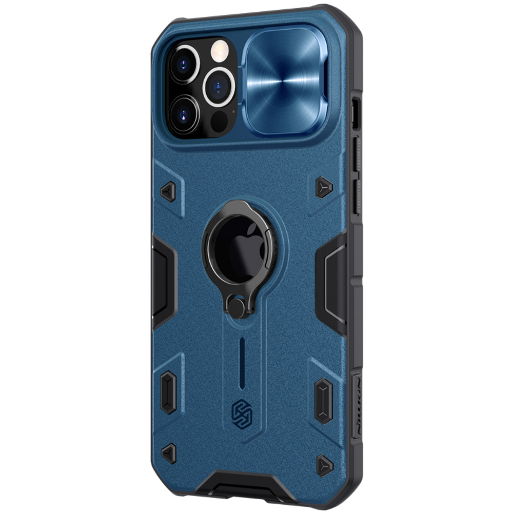 Чехол синего цвета на iPhone 12 Pro Max от Nillkin серии CamShield Armor Case с кольцом и металлической защитной шторкой для задней камеры