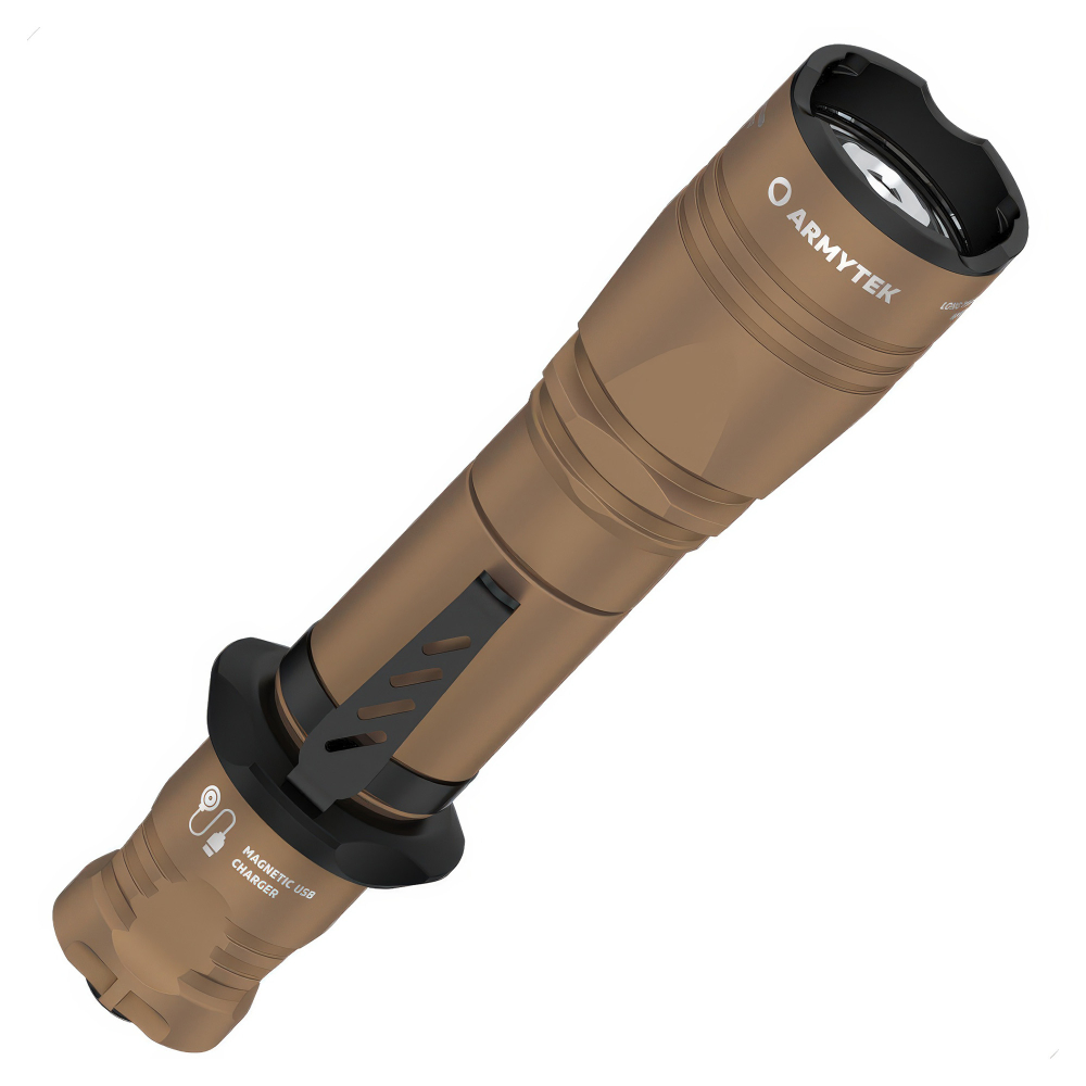 Фонарь Armytek Dobermann Pro Magnet USB Sand (теплый свет) — магнитная зарядка: удобный и быстрый способ зарядки через USB порт с аккумулятором 18650 Li-Ion (3500 мАч).