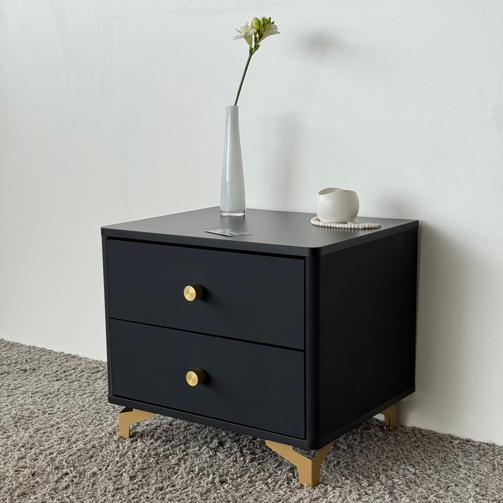 Тумба прикроватная на ножках с ящиками ROYAL 5303 эко (Черный-Золото-р.золото)