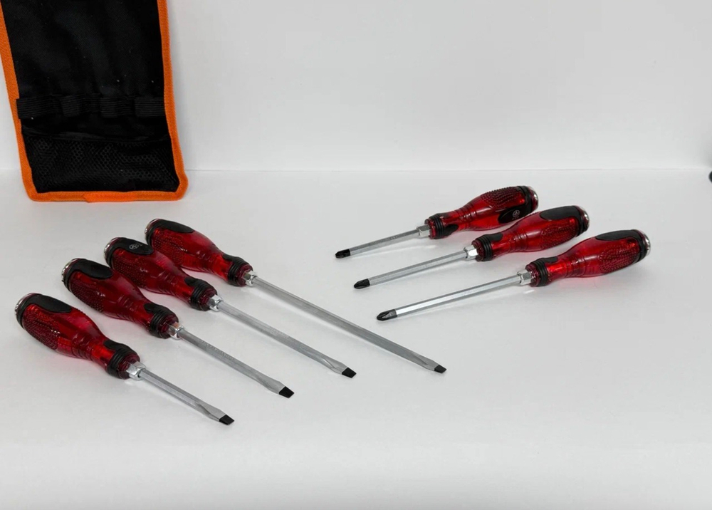 Набор отверток ударных 7 штук PH и SL, усиленные стержни из стали CrV и металлический затыльник, двухкомпонентные рукоятки, ударная отвертка, красный, TG (1 шт.)