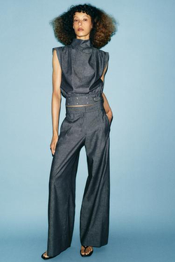 ZARA ШИРОКИЕ БРЮКИ ИЗ СМЕСОВОГО ЛЬНА С ВЫСОКОЙ ПОСАДКОЙ, ИНДИГО