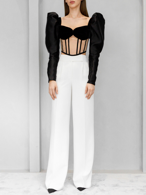 Блуза корсетного типа из бархата и сетки с объемными руками из шелковой органзы