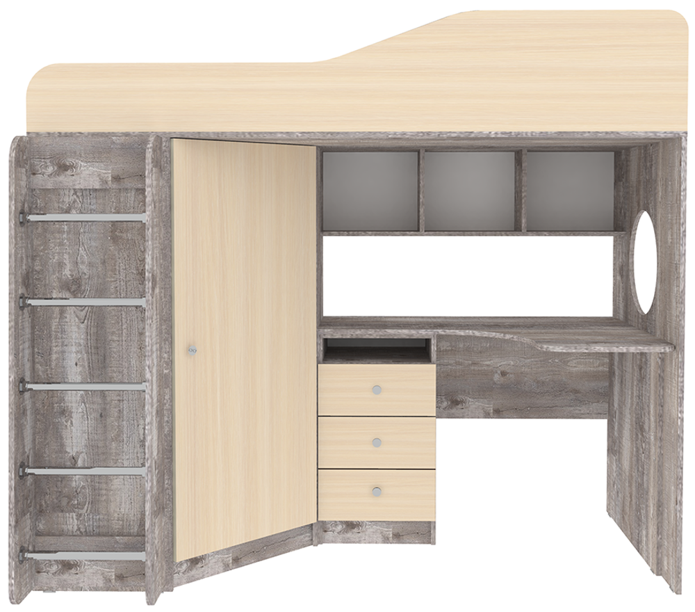 Кровать-чердак КарИВи Кадет 1 с металлической лестницей Бетон  Дуб Молочный