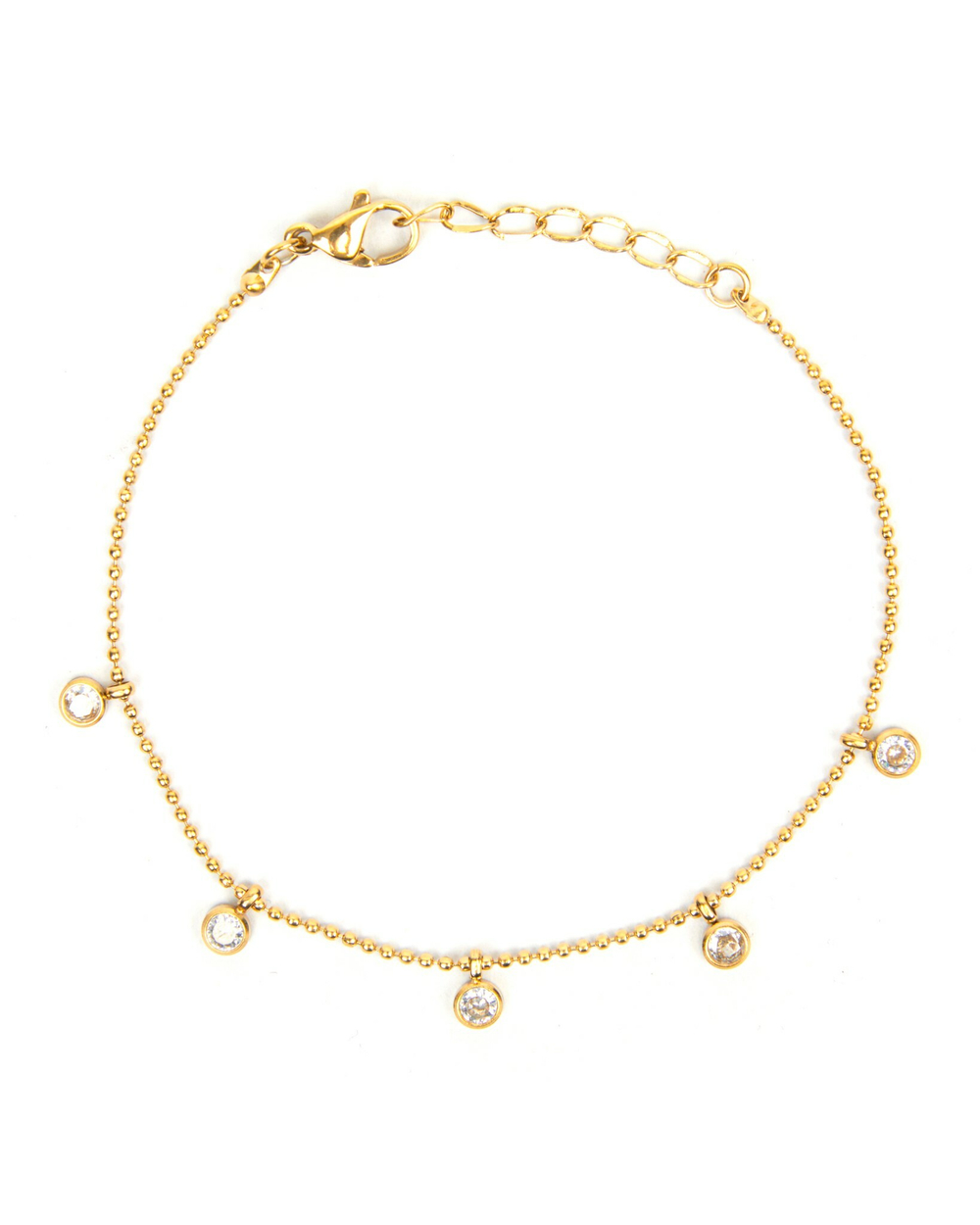 Браслет маленькие золотые шарики, 5 круглых циркониев