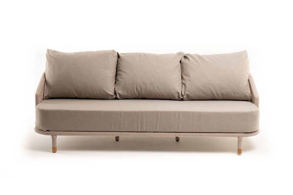 "Верона" диван 3-местный плетеный из роупа, каркас алюминий белый муар, роуп бежевый круглый, ткань бежевая 052