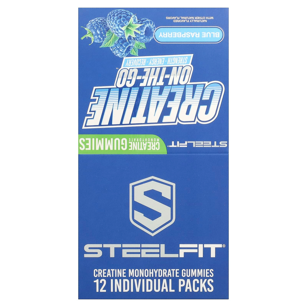 SteelFit, Creatine On-The-Go™, жевательные таблетки с моногидратом креатина, со вкусом голубой малины, 12 упаковок по 22 г (0,8 унции)