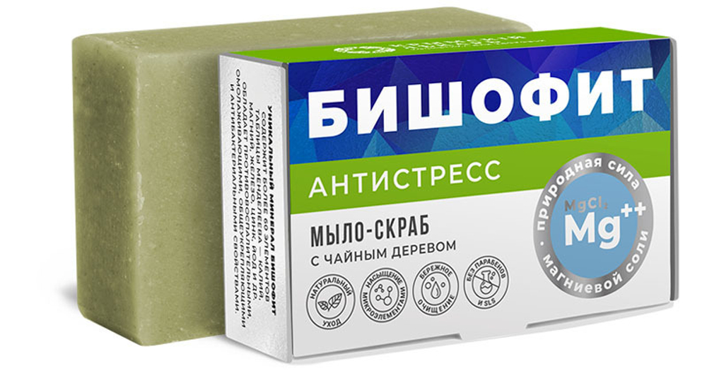 Мыло-скраб с бишофитом Антистресс с чайным деревом, 100 г (1,64 б)