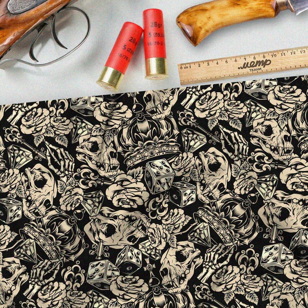 Ткань шелк Армани чёрно-белые кости, розы, бриллианты и короны